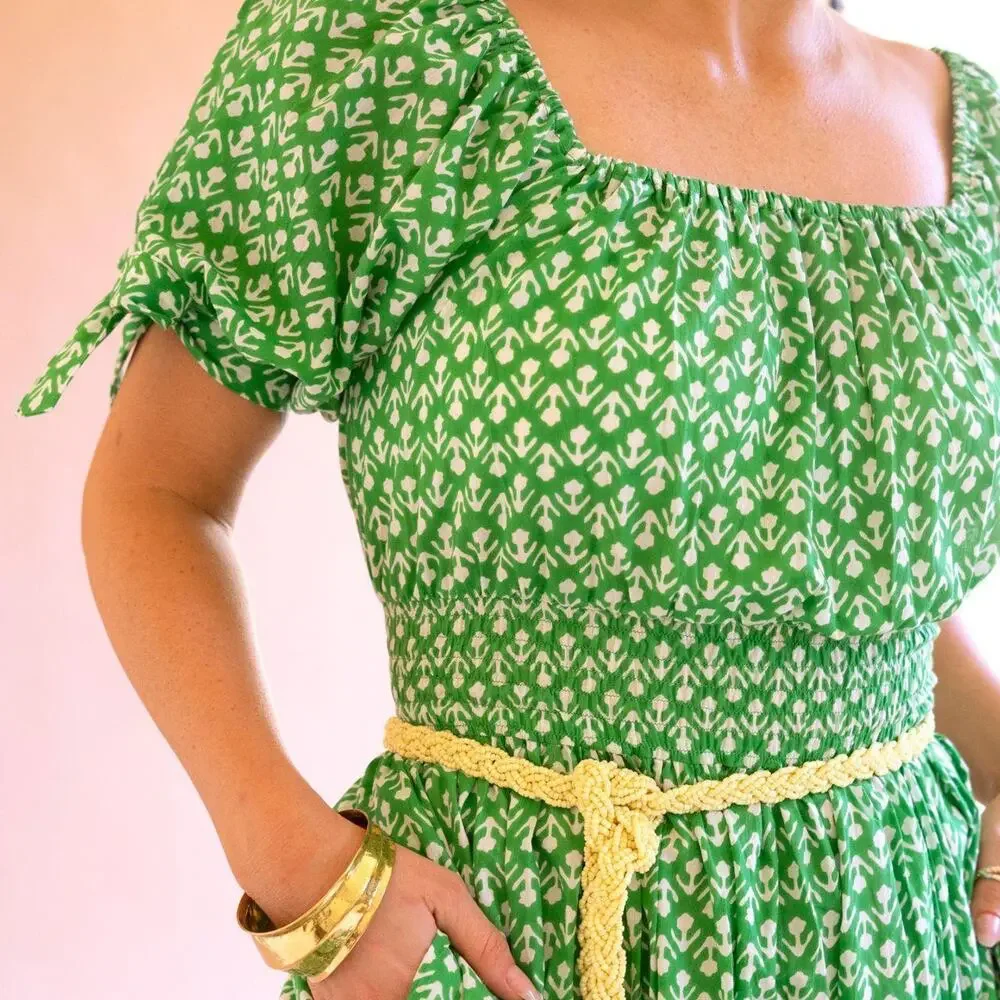 Green Printed Off-Shoulder Midi Dress | Smocked Waist Boho Dress - Picture 2 of 5